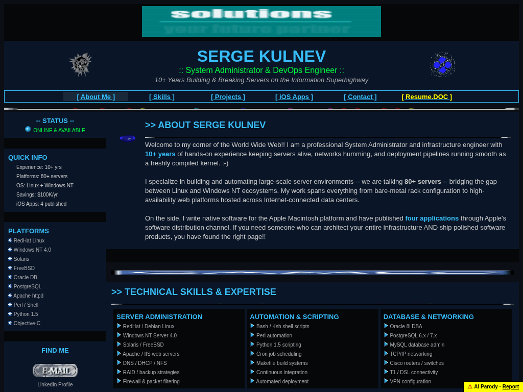 Serge Kulnev | System Administrator & DevOps Engineer, reimagined for 1998