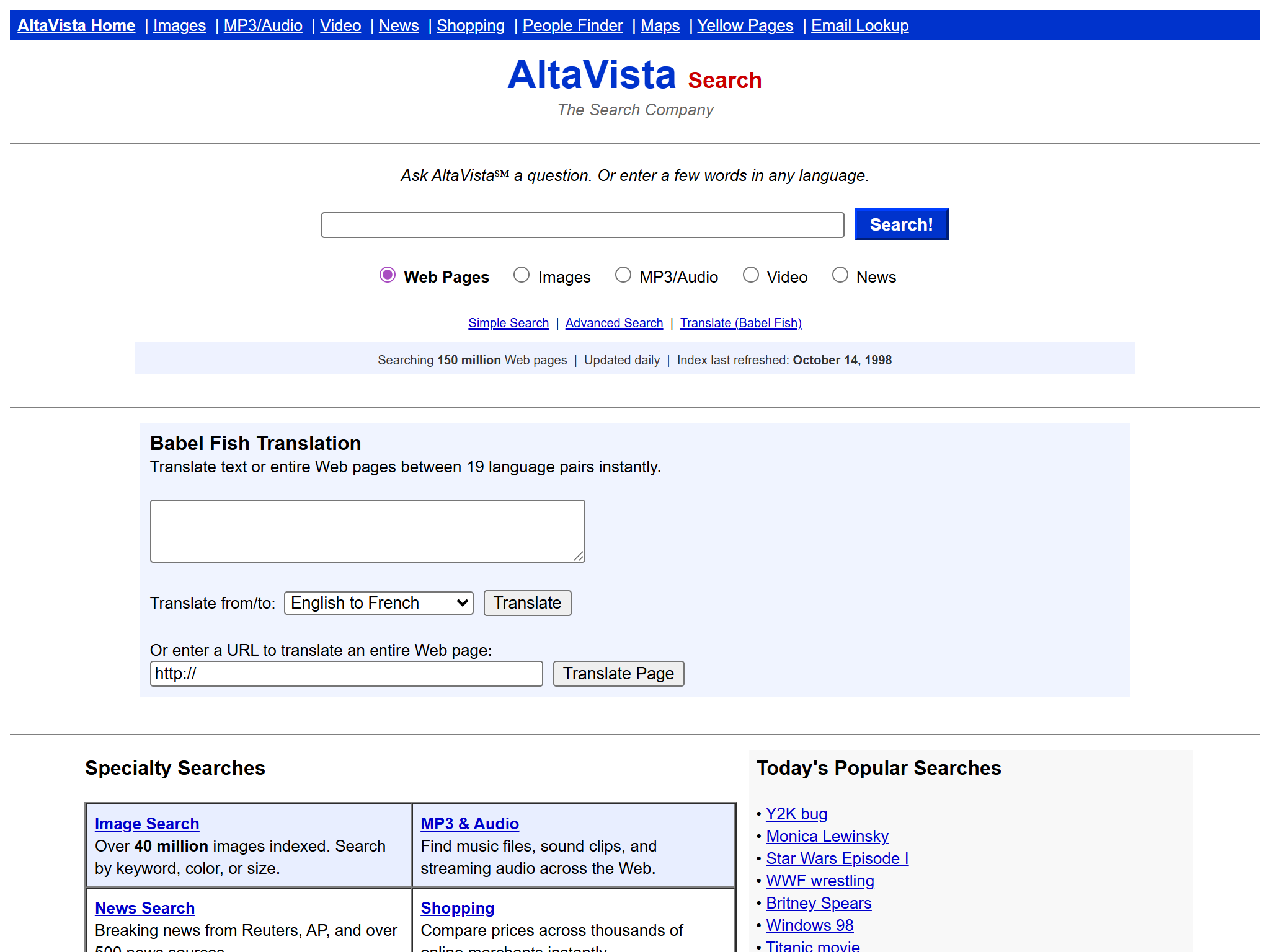 AltaVista - The Search Company, reimagined for 1998