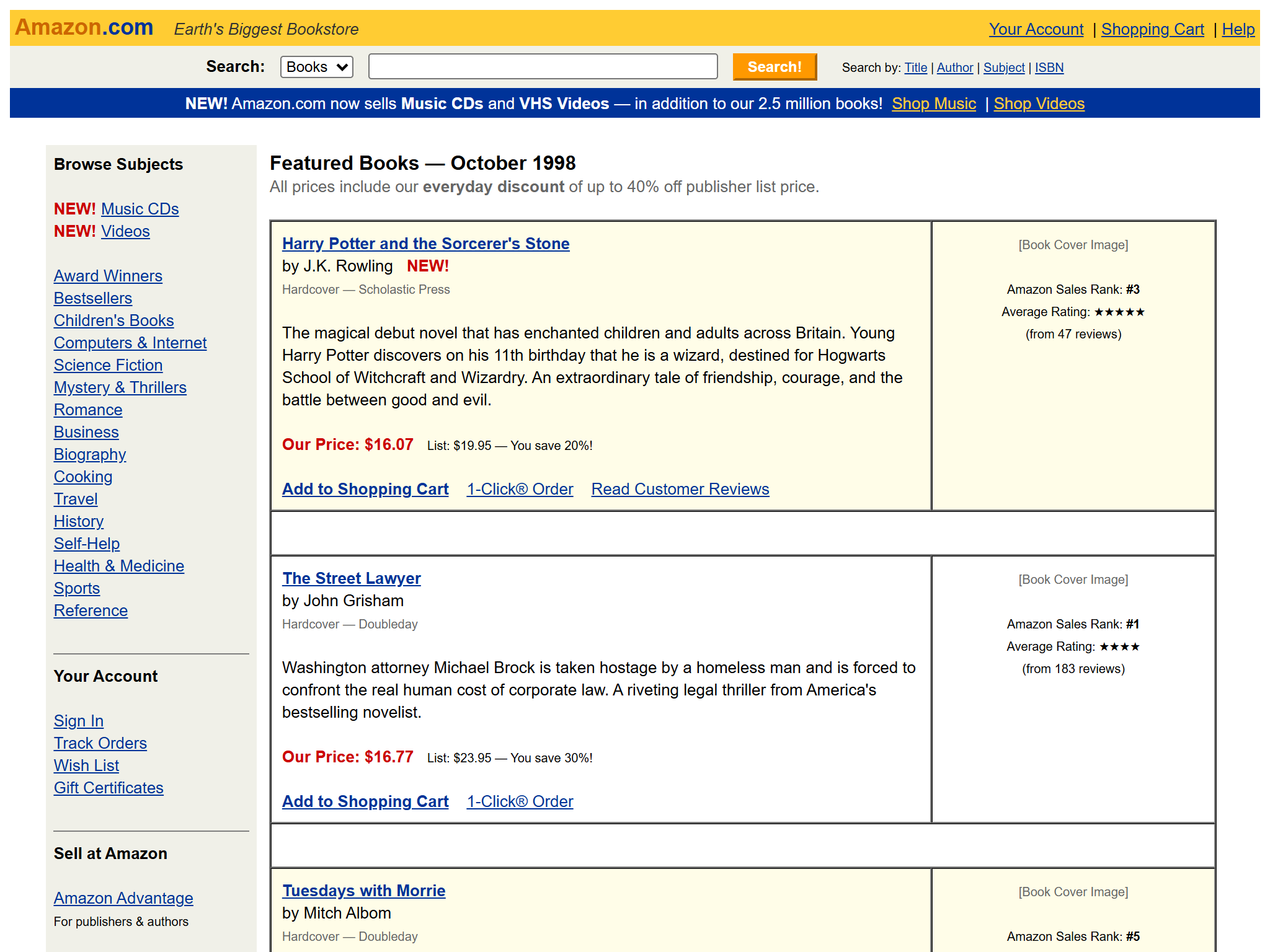 Amazon.com - Books, Music, Videos. Earth's Biggest Bookstore., reimagined for 1998