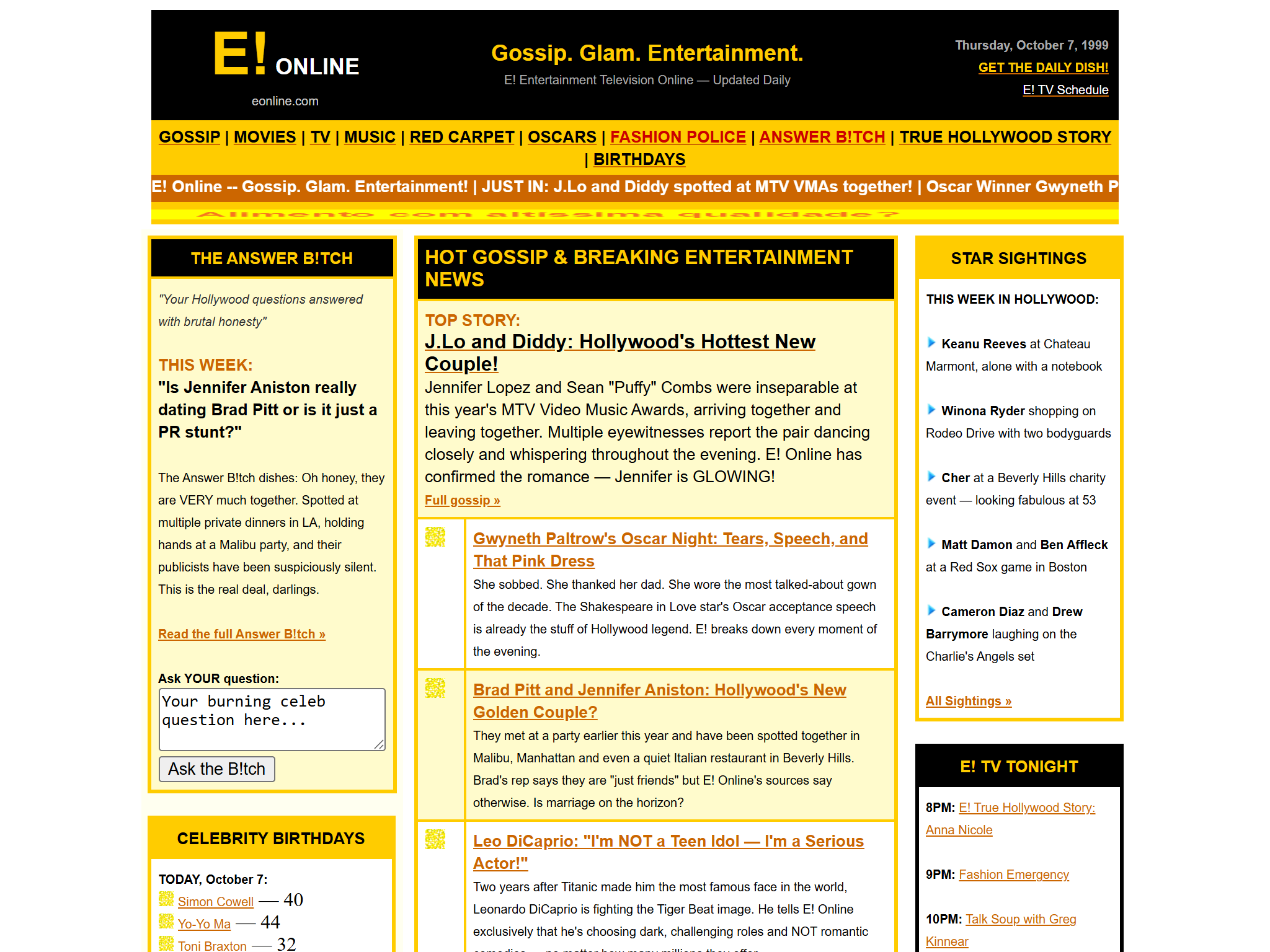 E! Online — Gossip. Glam. Entertainment., reimagined for 1998