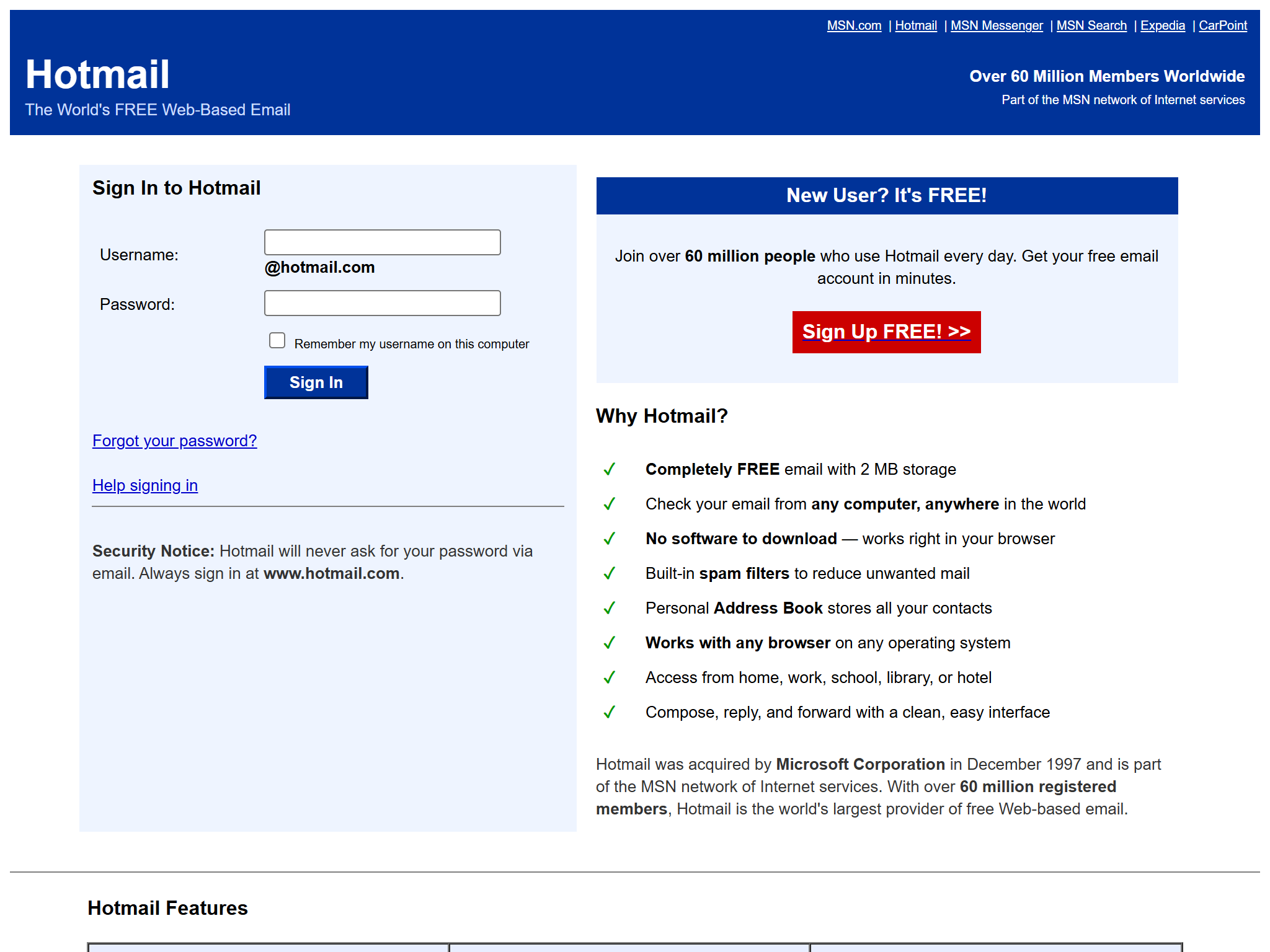 Hotmail - Free Web-Based Email, reimagined for 1998