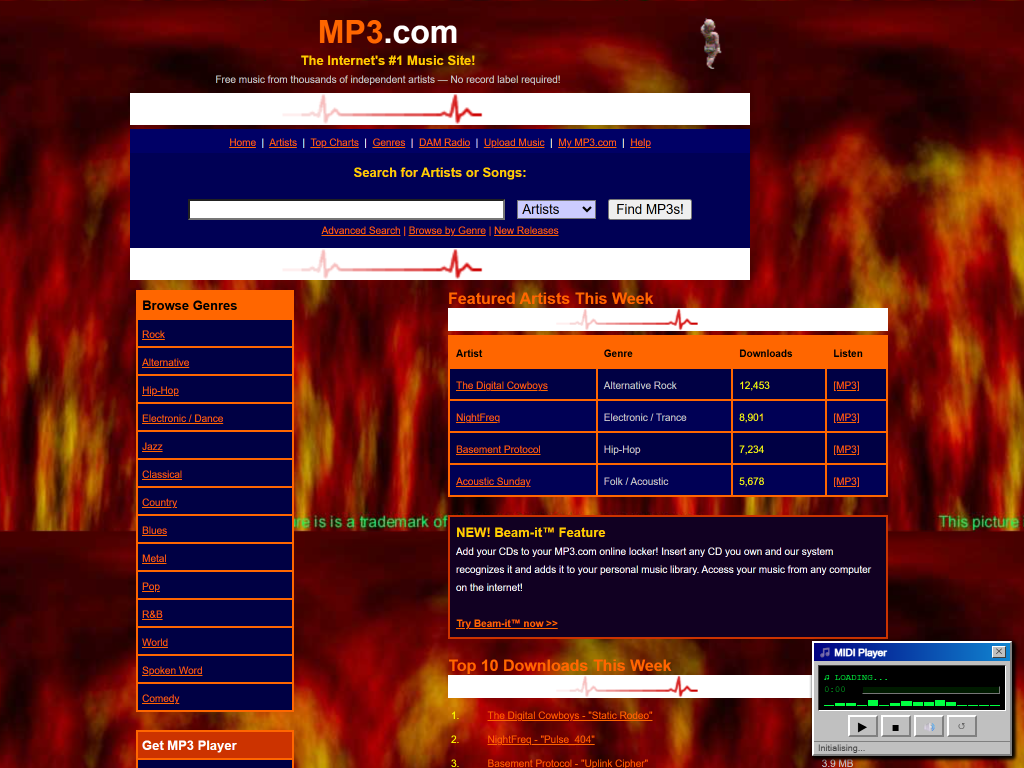 MP3.com - The Internet's #1 Music Site!, reimagined for 1998