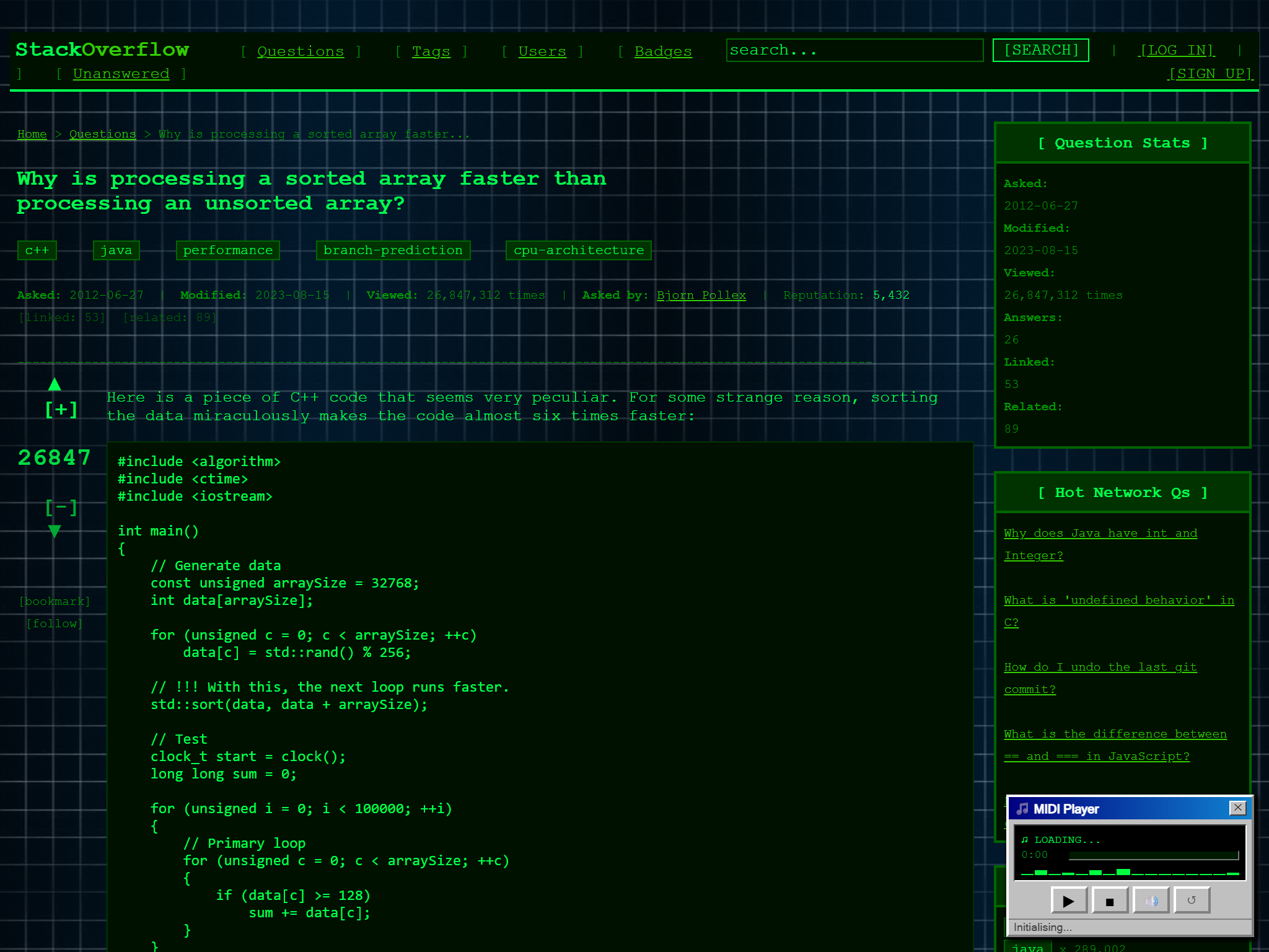 Stack Overflow - Why is processing a sorted array faster than an unsorted array?, reimagined for 1998